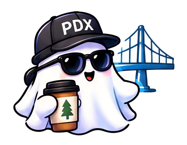 Ghostie in a PDX cap with coffee and a bridge