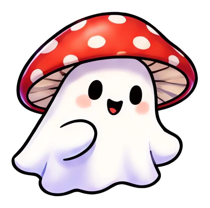 Tiny Ghostie wearing a red mushroom cap