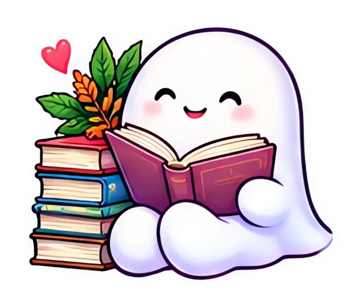 A smiling Ghostie reading beside a stack of books